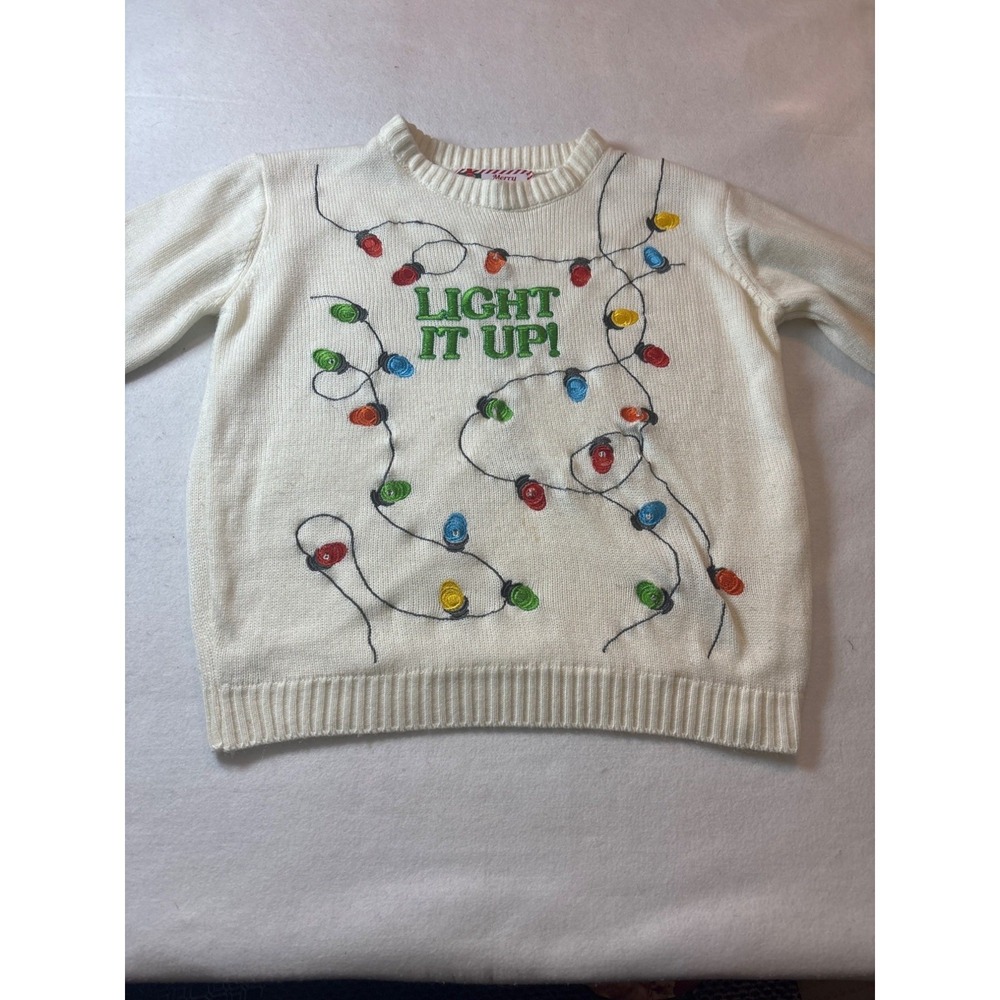 Merry Christmas Light It Up Sweater‎ Cream M Embroidered  Holiday